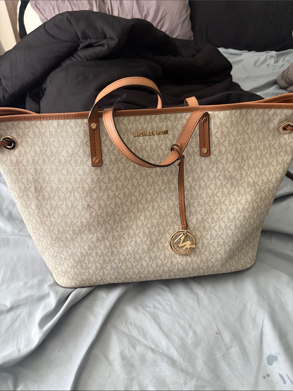 Michael Kors Cream Signature Logo Tote with Brown Leather Trim